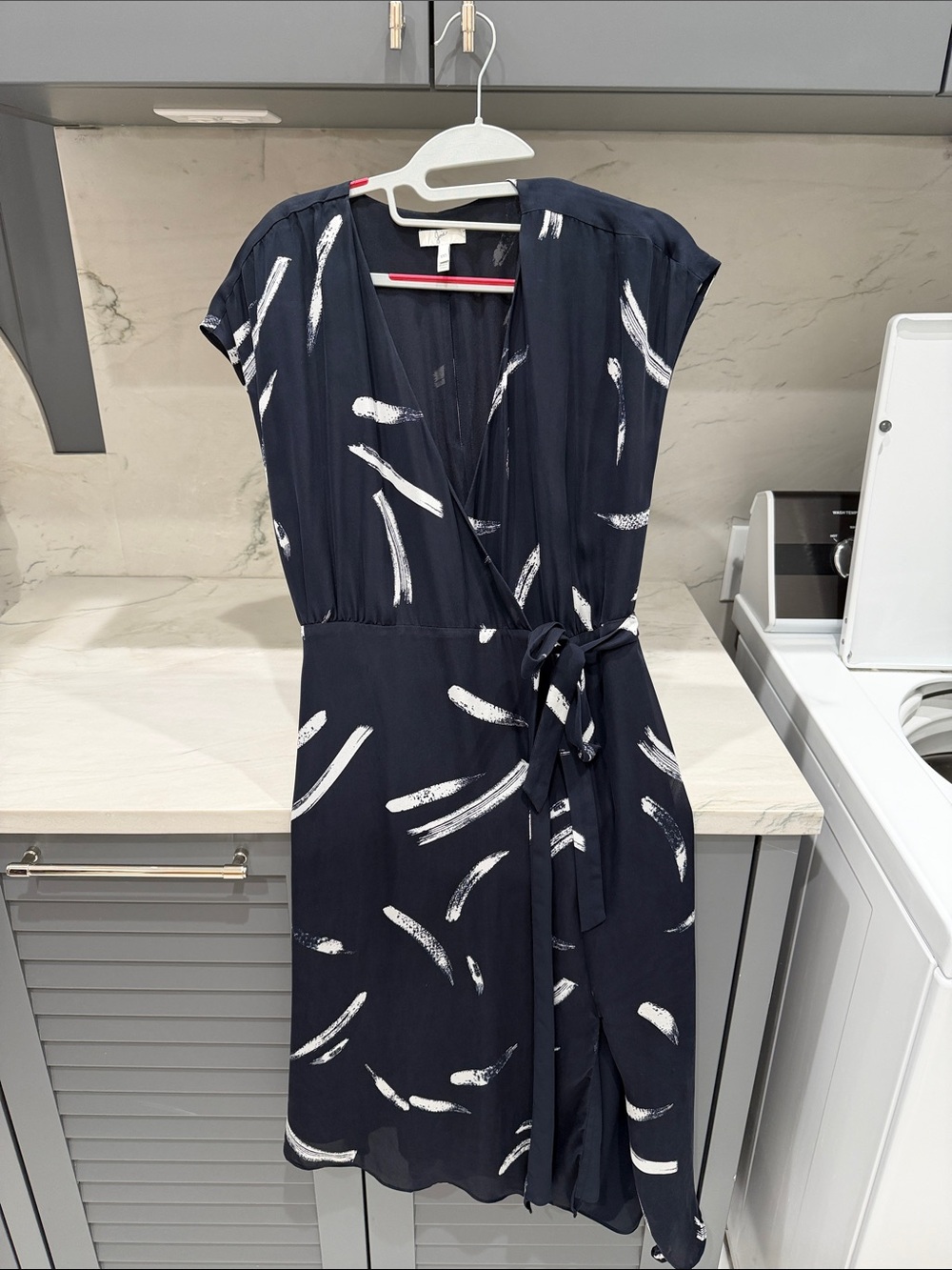 Joie Navy Wrap Dress with White Brushstroke Print